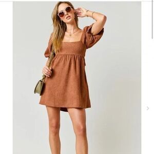 franki by francesca's Brown Corduroy Bow Back Puff Sleeve Mini Dress Youth 14